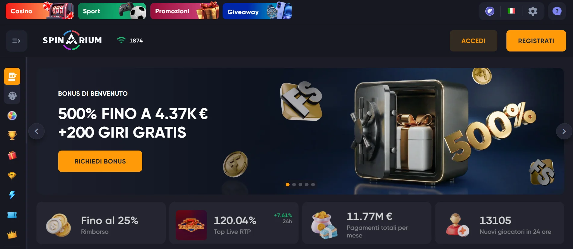 Spinarium Casino interfaccia e bonus di benvenuto